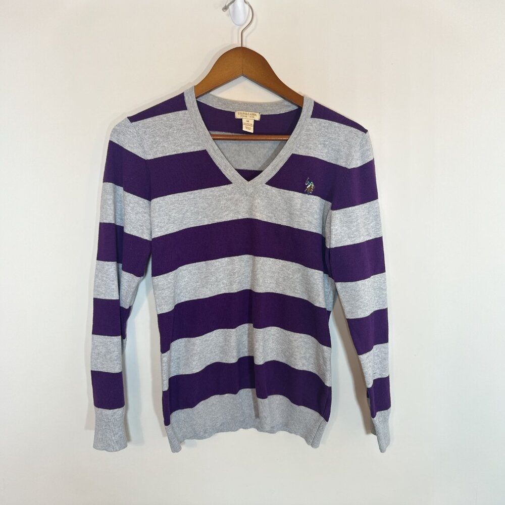 U.S. Polo Assn. Sport Sweater Women’s Medium Purple Gray Rugby Stripe Preppy - Picture 2 of 10